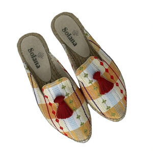 Solana Mules Women's 8 Yellow Cream Checked Embroidered Flats Espadrilles Shoes